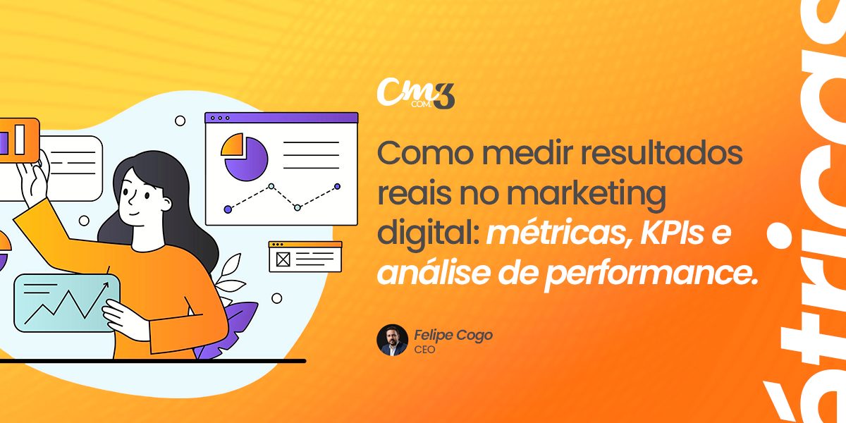 Ilustração sobre métricas de marketing digital e KPIs, mostrando análise de resultados, gráficos de desempenho e indicadores de performance no marketing digital.